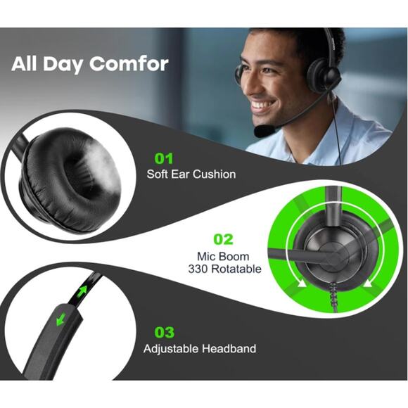 Office Headset with RJ9 Jack for Cisco Phone with Mic Noise Cancelling, Black - Picture 3 of 5